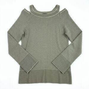 LOFT Striped Cutout Swing Sweater Gray White Flared Sleeves Ribbed Womens Medium